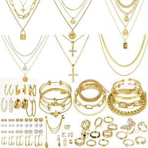 👑Women Comfortable to Wear Fashion Costume 73 Pcs Classic Gold Jewelry Set